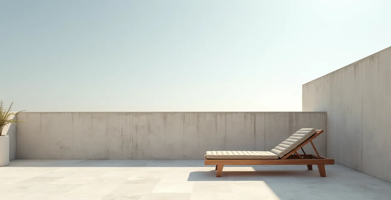 Terrasse épurée avec mobilier haut de gamme sous lumière naturelle