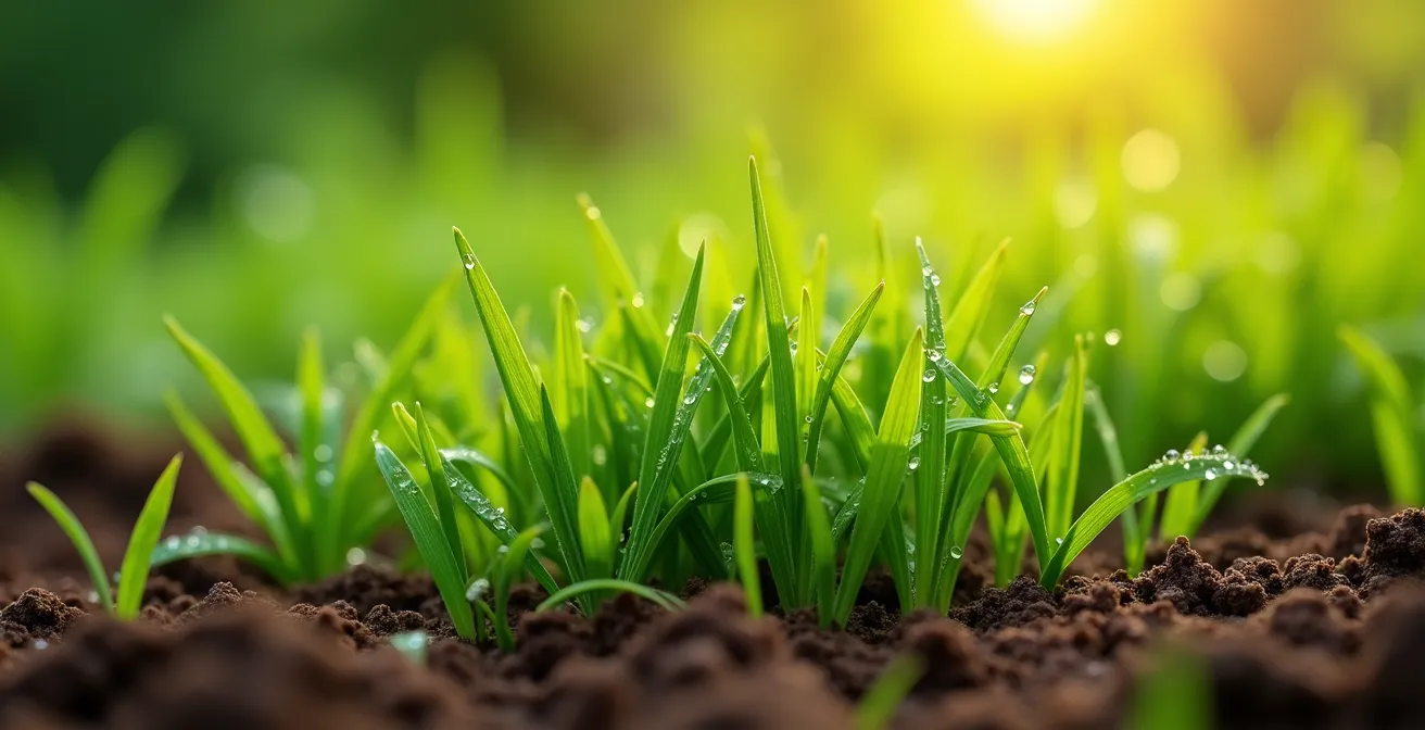 Gros plan sur l'herbe finement coupée par mulching