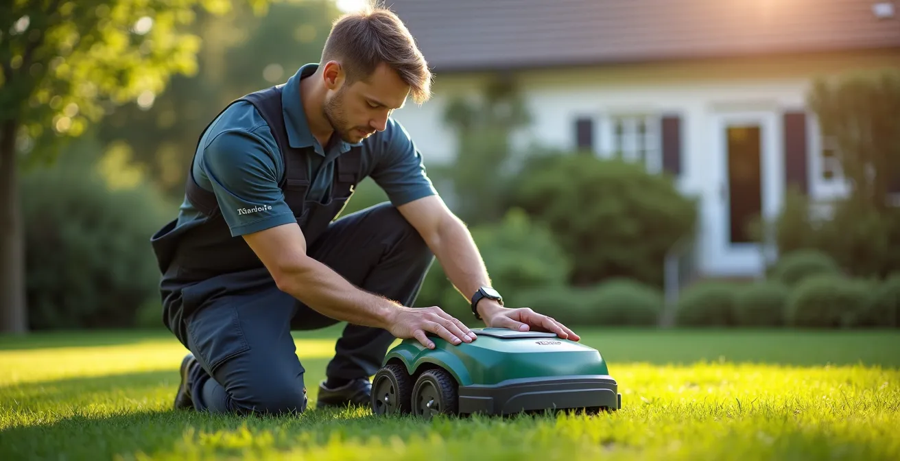Technicien certifié installant un robot tondeuse dans un jardin