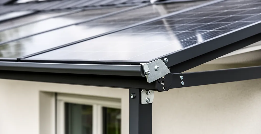 Gros plan sur des panneaux photovoltaïques intégrés à une structure auvent en aluminium anthracite