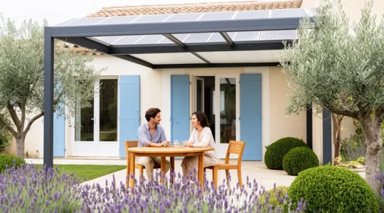 Famille profitant de l'ombre sous un auvent équipé de panneaux solaires sur une terrasse provençale