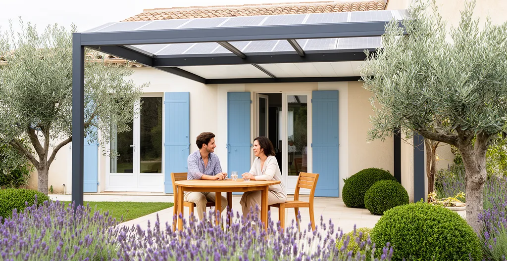 Famille profitant de l'ombre sous un auvent équipé de panneaux solaires sur une terrasse provençale