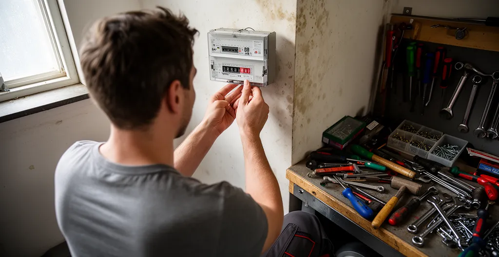 Personne de dos consultant un compteur électrique dans un garage résidentiel