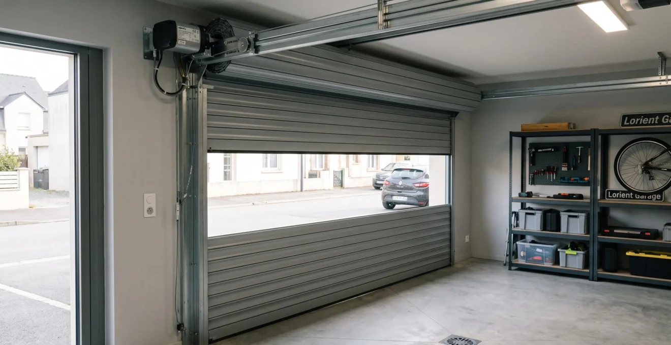 Porte de garage enroulable en aluminium à mi-ouverture vue de l'intérieur d'un garage moderne, avec mécanisme de motorisation et coffre d'enroulement visibles au plafond