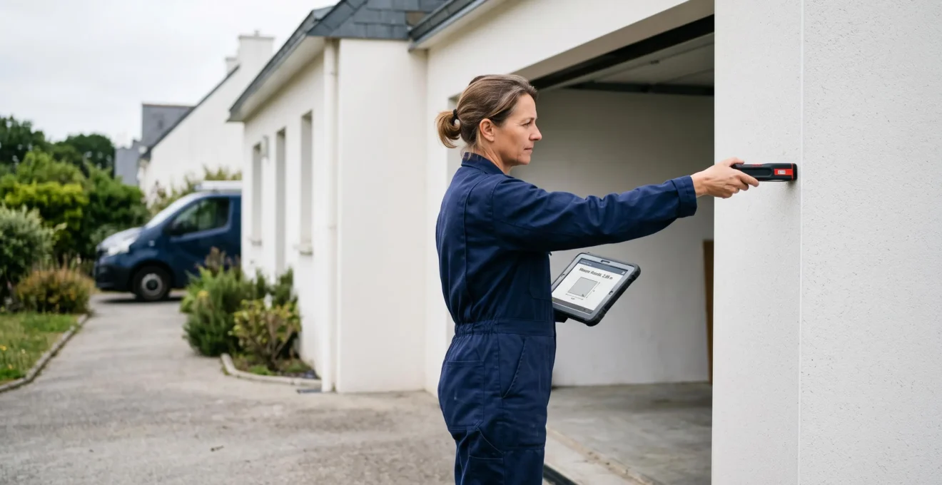 Technicien professionnel effectuant un relevé de mesures précis d'une ouverture de garage avec mètre laser et tablette numérique devant une maison bretonne